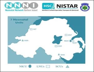 Map of Northern Ireland with locations of neonatal units marked